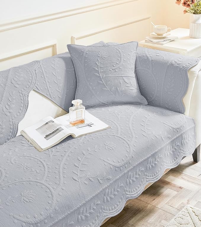 Leaf Floral Cotton Quilted Dog Couch Cover for Sofa Farmhouse Rustic Embroidered Sectional Couch Cover Soft Anti-Slip Sofa Slipcover Furniture Protector for Kids, Pets (Grey,43"x94")