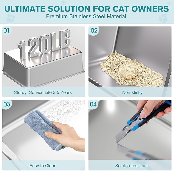 2PACK Stainless Steel Cat Litter Box, Metal Kitty Litter Box with High Sides for Small Cats,Kittens, Open Top Litter Boxes with Anti-Leak Lid,Odorless,Non-Sticky, Easy to Clean,Scoop Include,M