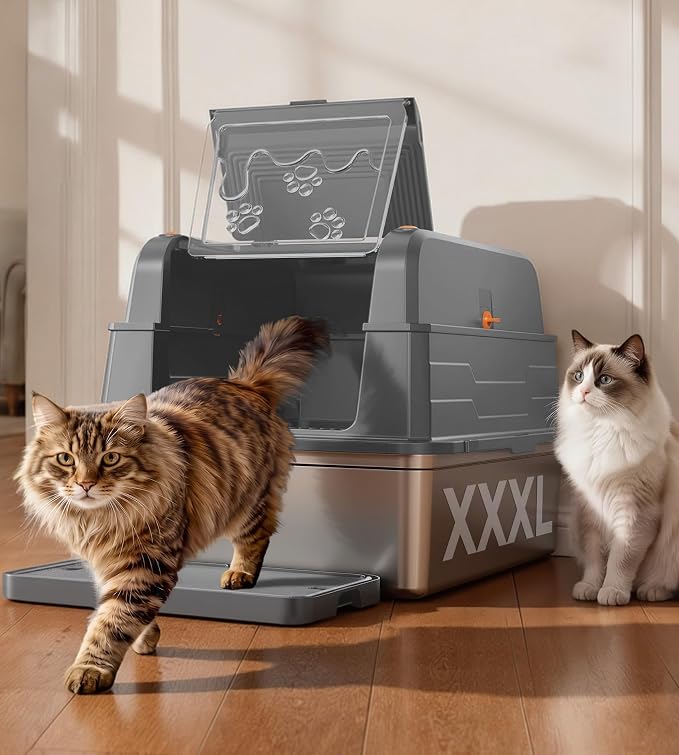 CATLIKE XXXL Stainless Steel Cat Litter Box - 3-Layer Urine Leak-Proof, Enclosed Design w/Charcoal Filter for Maine Coon & Multi-Cat Homes, Includes Metal Scoop & Extra Large Mat (2026 Upgrade)
