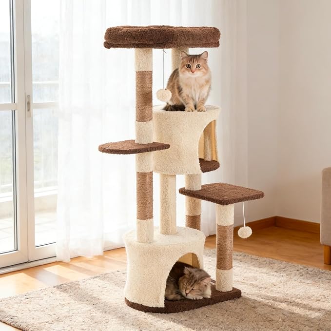 45.3-Inch Cat Tree Tower for Indoor Cats, Brown | Two cozy cat condos; three soft platforms; full sisal scratching wrap; removable dangling toy; reinforced anti-tip base