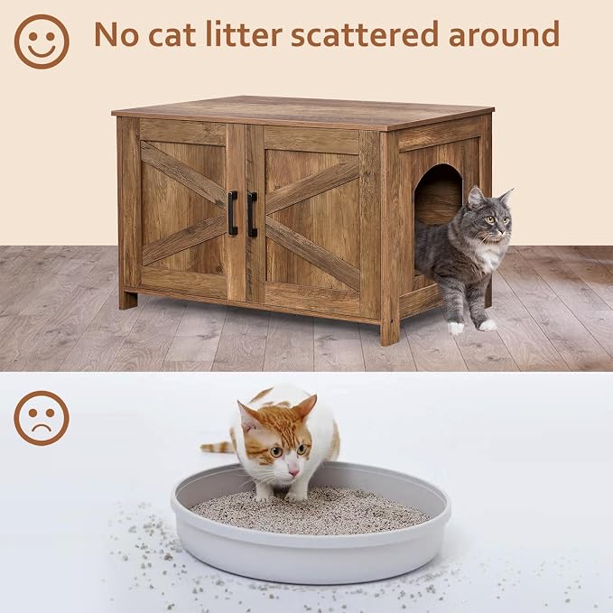 Homhedy 31.5" L Cat Litter Box Enclosure with Barn Door, Rustic Walnut | Wooden Cat Washroom Furniture, Cat House, Pet Storage Cabinet, Dog-Proof, Fit Most of Litter Box, Farmhouse Style