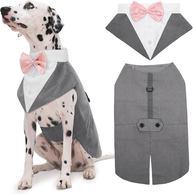Kuoser Dog Tuxedo Dog Suit and Bandana Set, Dogs Tuxedo Wedding Party Suit, Doggy Prince Bow Tie Shirt Formal Pet Wedding Attire for Large Medium and Small Dogs Golden Retriever Samo Bulldogs | Formal Dog Outfit with Detachable Bowtie Collar for Weddin...