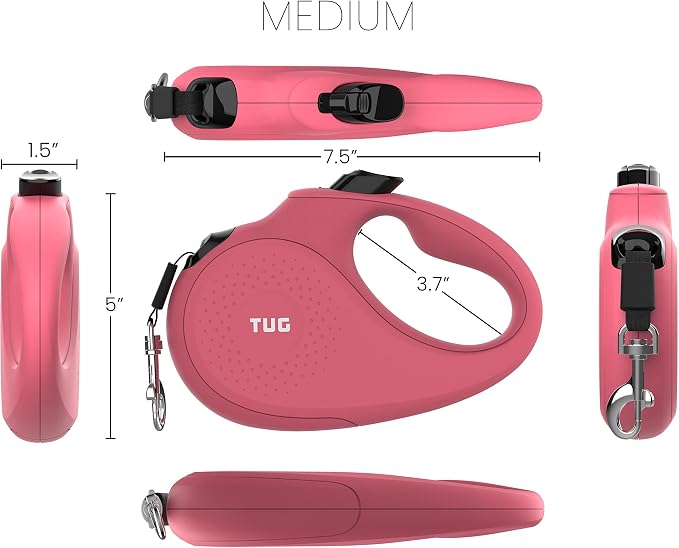 TUG Monochrome 360° Tangle-Free Retractable Dog Leash | 16 ft Strong Nylon Tape (Medium, Pink)