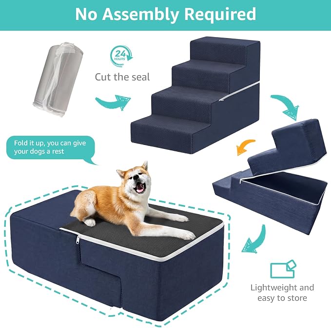 YENING Large Dog Stairs for High Beds - 24 Inches Tall Extra Wide Pet Steps for Large Dogs to Get on Bed 4 Deep Step for Couch Navy Blue