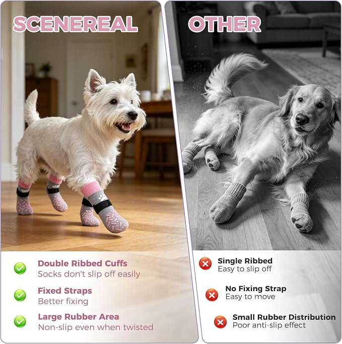 SCENEREAL Anti Slip Dog Socks to Prevent Licking Paws for Hot/Cold Pavement, Paw Protector Traction Control on Hardwood Floor, Dog Shoes Booties for Puppy Small Medium Large Senior Dogs, Pink XS