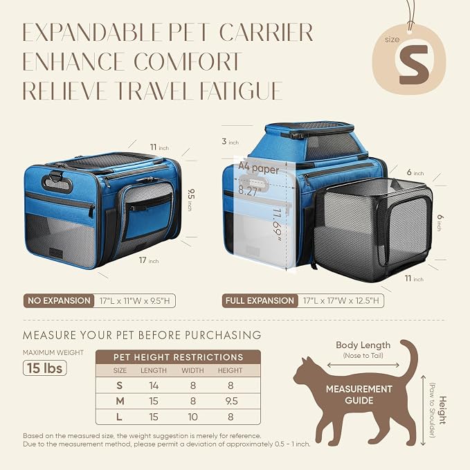 Top and Side Expandable Pet Carrier with Treat & Pet Window,17x11x9.5 Inch Alaska Hawaiian Airline Approved,Soft-Sided Dog Carrier for Small Dogs and Cats,Travel Cat Carrier with Locking Safety Zipper