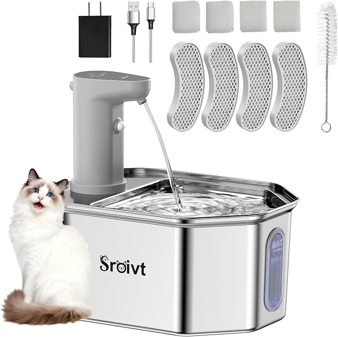 Cat Water Fountain Stainless Steel,Wireless,Battery Operated,2.6L,4Filters | cat fountain,cordless,water fountain for cats,outdoor,rechargeable,indoor,motion sensor,metal,auto,outside,battery powered