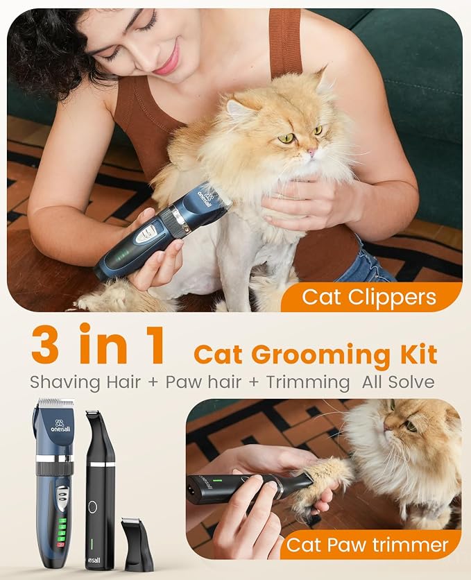 oneisall Cat Clippers and Paw Trimmer 3 in 1 Cat Grooming Kit | for Matted,Long,Thick Coat,2-Speed Cordless Pet Clippers, Quiet Cat Grooming Kit for Cat