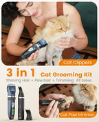 oneisall Cat Clippers and Paw Trimmer 3 in 1 Cat Grooming Kit | for Matted,Long,Thick Coat,2-Speed Cordless Pet Clippers, Quiet Cat Grooming Kit for Cat