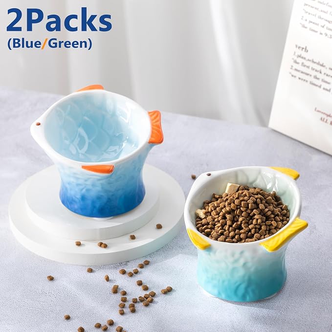 Tioncy 2 Pcs Raised Tilted Ceramic Cat Food Bowl Fish Shape Cute Elevated Slanted Shallow Angled Cat Dish Non Slip Feeder Bowl for Anti-Vomiting and Whisker Fatigue(Blue, Green)