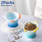 Tioncy 2 Pcs Raised Tilted Ceramic Cat Food Bowl Fish Shape Cute Elevated Slanted Shallow Angled Cat Dish Non Slip Feeder Bowl for Anti-Vomiting and Whisker Fatigue(Blue, Green)