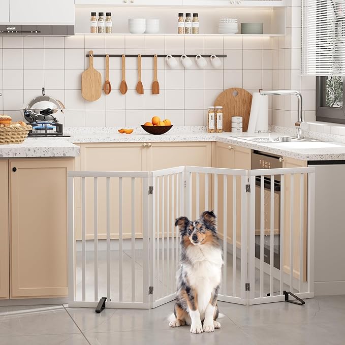 Semiocthome Freestanding Dog Gate 32" Tall, 4-Panel Foldable Dog Gates for Doorways Stairs House, Pet Gate Indoor with 2 Metal Stands, White