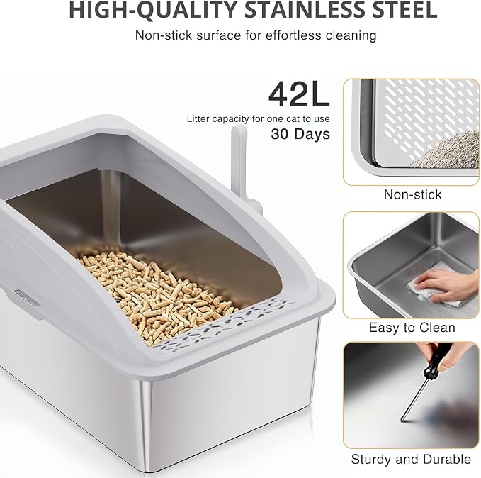 23.6"x15.7"x13.78" Stainless Steel Sifting Litter Box, XXL Sifting Cat Litter Box for Pine Pellets with 8" Deep Pan, High Sides Metal Litter Box for Big Cats, Easy-to-Clean