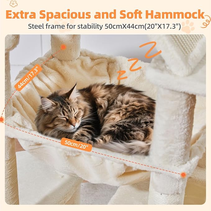 Taoqimiao Cat Tree, 71 in Extra Large Cat Tower for Inddor Cats, MS026LM | 2 Large Cat Condos, 2 Cute Perches, Metal Frame Cozy Hammock, Durable Scratch Board, 8 Natural Sisal Posts, Basket, Beige