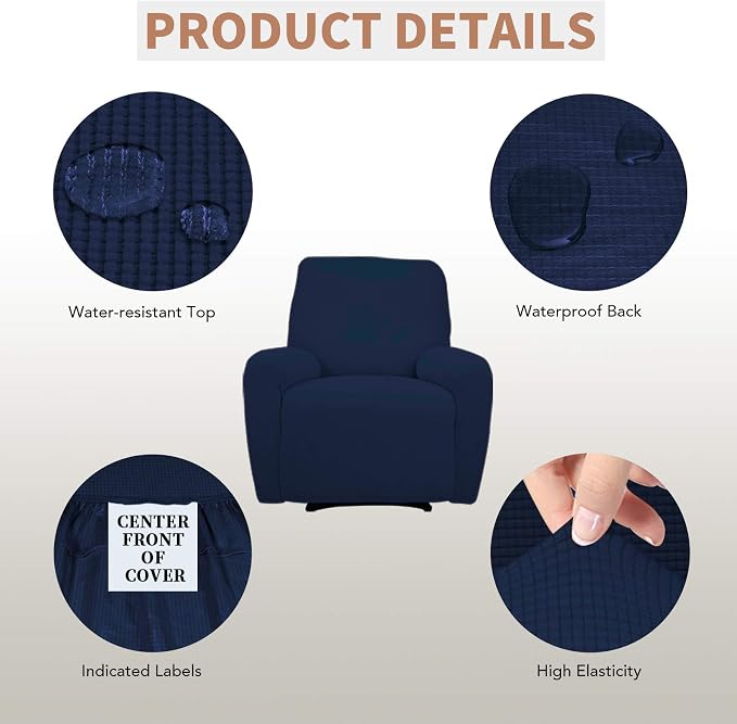 Easy-Going 100% Waterproof Recliner Chair Cover，1-Piece Recliner Slipcover | Dual Waterproof Couch Cover for Recliner，Leakproof Furniture Protector for Kids Pets Dog Cat Daily Stain, Navy