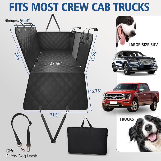 Btefd XL Hard Bottom Dog Seat Cover for Dogs for Full-Size Crew Cab Trucks | Back Seat Pet Hammock for F150, RAM1500, Sierra, Tundra, Silverado, Titan, Holds 420lbs, 45% Extender Space, Waterproof