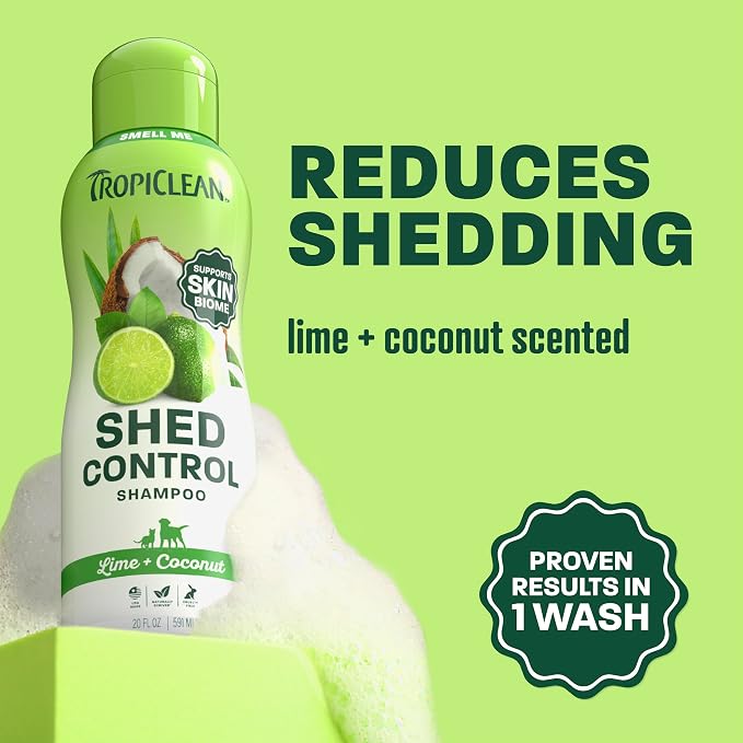 TropiClean Deshedding Dog Shampoo, Fast-Acting Shedding Control & Coat Softener, Puppy Safe, Made in USA, Lime & Coconut Scent, Cat Friendly, 20oz. | Fast-Acting Shedding Control | Coat Softener | Lime & Coconut Scent | Puppy & Cat Safe | Made in USA