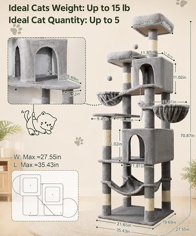 AMHANCIBLE 70 Inch Cat Tree for Large Cats, Multi-Level Cat Tower | Cat Houses & Tree Tower with 2 Condos, 8 Sisal Posts & Hammock for Indoor Cats Large Adult, Grey