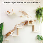 FUKUMARU Cat Wall Shelves, 5 in 1 Set, Beige | Stable Wooden Wall-Mounted Furniture Set, Kitty Climber with Hammock, House, Steps, Scratching Post
