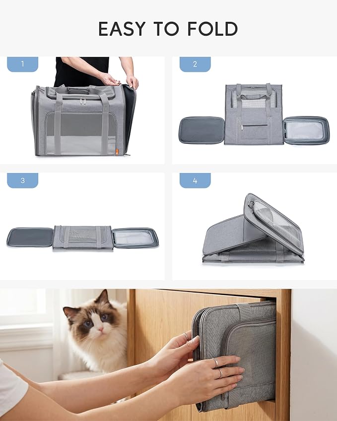 55x40x23 cm Soft-Sided Pet Carrier Bag Large Cat Small Dog Carriers | Up To 26lbs For Medium Cats Dogs Puppies Collapsible Travel Puppy Carrier with Foldable Bowls ,Grey