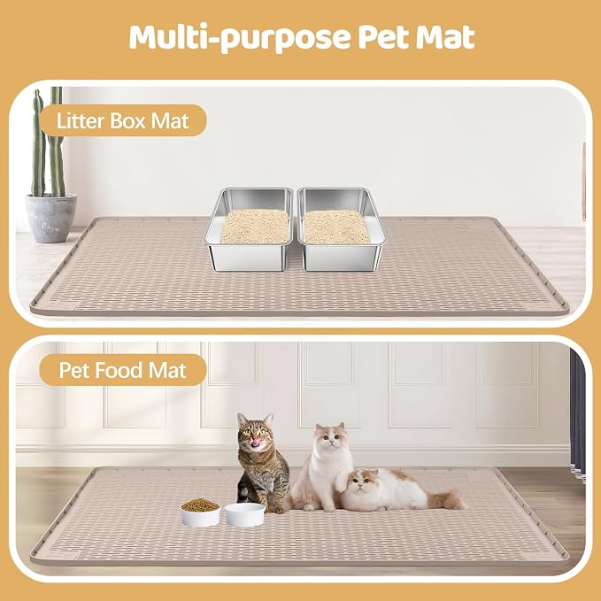 Silicone Cat Litter Mat for Litter Box 40”x40” Large Cat Mat, Khaki | Waterproof, Non-Slip, Leak-Proof Rug Mat with Lip, Easy to Clean, Extra Large Litter Catcher Mat for Floor