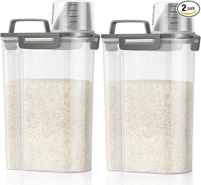 TBMax Rice Container Cereal Storage Container 2 Pack 5 Lbs, Kitchen Pantry Dry Food Storage Holder with Easy-Pouring Spout & Handy Cup, Small Pet Dog Cat Food Dispenser for Daily Feeding -Grey