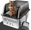 Tripamin 15” Stainless Steel Cat Litter Box,XL Stainless Steel with High Sides, Extra Large Metal Cat Litter Box for Big Cats, Multi Cats&Kitty, Easy Cleaning, Non-Sticky(Translucent Black)