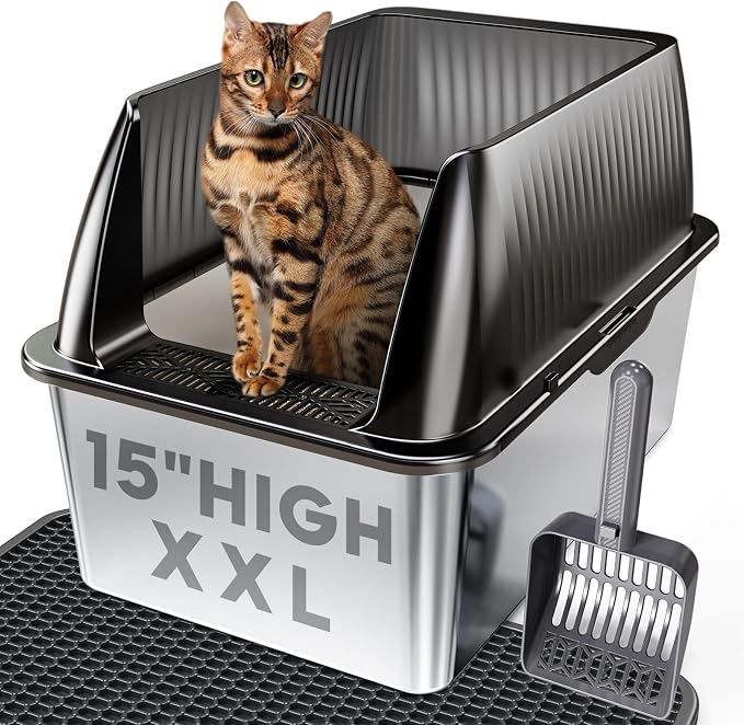 Tripamin 15” Stainless Steel Cat Litter Box,XL Stainless Steel with High Sides, Extra Large Metal Cat Litter Box for Big Cats, Multi Cats&Kitty, Easy Cleaning, Non-Sticky(Translucent Black)