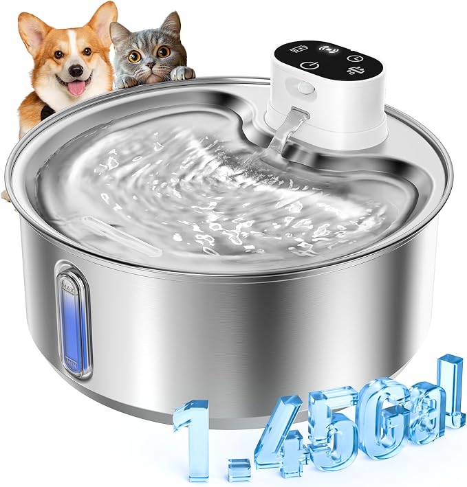 Stainless Steel Cat Water Fountain, 186fl.oz/1.45Gal Cordless Dog Fountain | Wireless Pet Fountain; 5000mAh Battery; Indoor; Triple Water Modes; 25 dB Ultra-Quiet