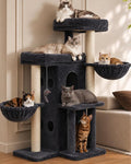 Heybly Cat Tree with Reinforced Big Base, 41.3 in Sturdy Cat Tower HCT075G | Indoor Cat Furniture Featuring 2 Roomy Platforms, Double Condos, 2 Cozy Baskets, Full Sisal Scratching Posts, Smoky Gray