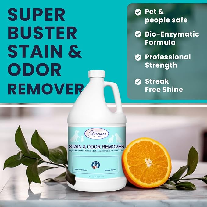 Pet Stain Odor eliminator - Super-concentrated Enzyme cleaner - Sky breeze plus - Extra Strong Odor and stain remover - Best Remover for Cat and Dog Pee All Purpose Cleaner and Deodorizer 1 gallon