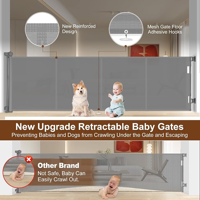 Miumoon 200 inch Reinforced Retractable Baby Gates 42 inch Tall | Retractable Dog Gate with No Crawl Through Reinforced Strip, 16 FT Extra Long Retractable Gate Outdoor, Garage Gate