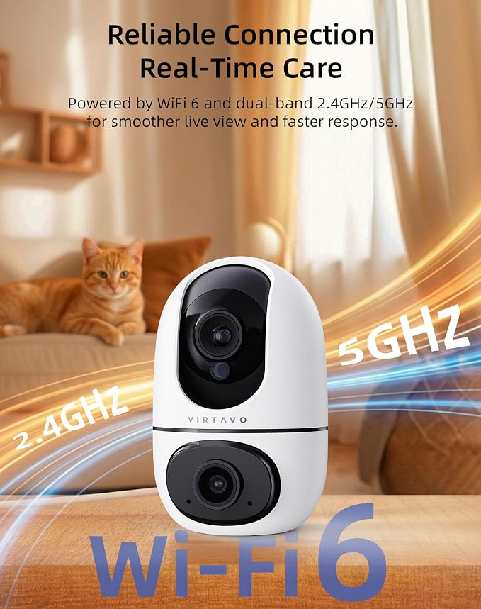 VIRTAVO AI Pet Camera Indoor with Phone App for Dog, Cat, Puppy, Dual-Lens | 360° Auto Tracking & Pet Calling, No Subscription, Wi-Fi 6 (5GHz/2.4GHz), Apple Watch & Alexa Compatible