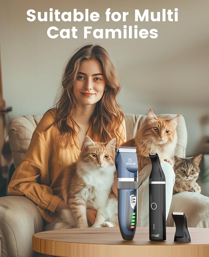 oneisall Cat Clippers and Paw Trimmer 3 in 1 Cat Grooming Kit | for Matted,Long,Thick Coat,2-Speed Cordless Pet Clippers, Quiet Cat Grooming Kit for Cat