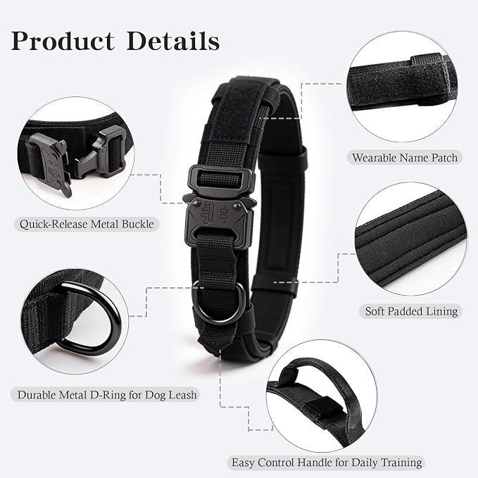 Tactical Dog Collar and Leash Set Adjustable Military Nylon Dog Collar with Control Handle and Heavy Duty Metal Buckle for Large Dogs （Black L | 1000D Heavy-Duty Nylon Fabric,Quick-Release Metal Buckle,Adjustable Fit,Soft-Padded Webbing,D-Ring,for Trai...
