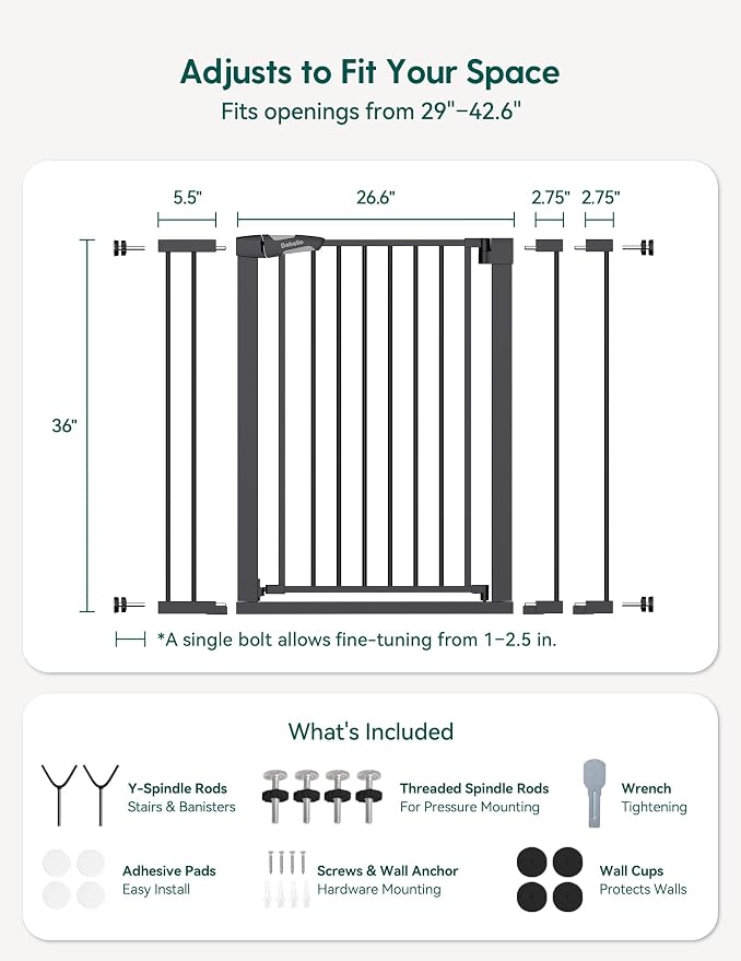 Babelio Baby Gate for Doorways and Stairs, PressGuard P7 Auto Close Dog Gate, 36" Tall Easy Install Pressure Mounted, fits for 29-43" Doorway, Safety Gate Door for Child and Pet, Black