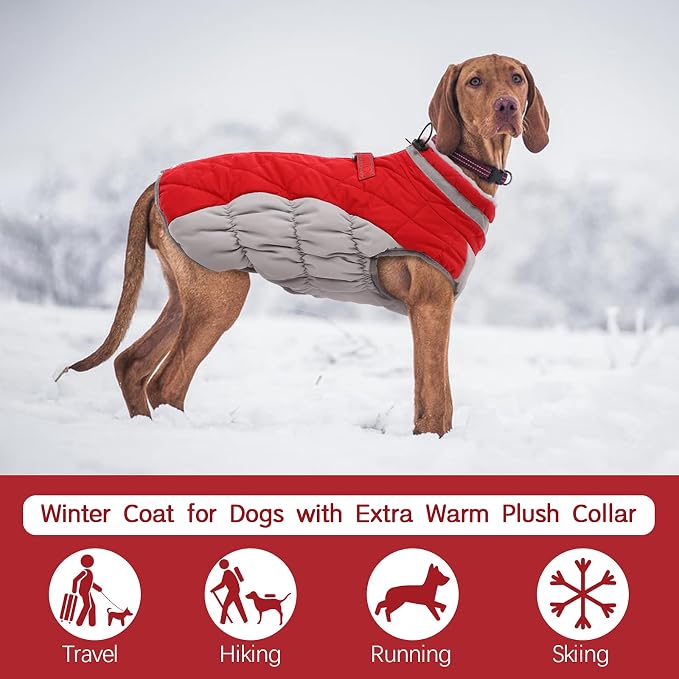 FUAMEY Dog Coat for Large Dogs, Fleece Dog Winter Jacket with Harness | Puppy Cold Weather Coats Reflective Pet Puffer Vest with Zipper Water-Resistant Warm Dogs Snowsuit Windproof Red XXXL