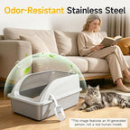 XL Open Top Stainless Steel Litter Box with High Sides,Light Gray | Extra Large Metal Cat Litter Pan , XL Litter Box, Non-Stick Easy Clean Anti-Leak Kitty Litter Pan, Odor Control, Open Top