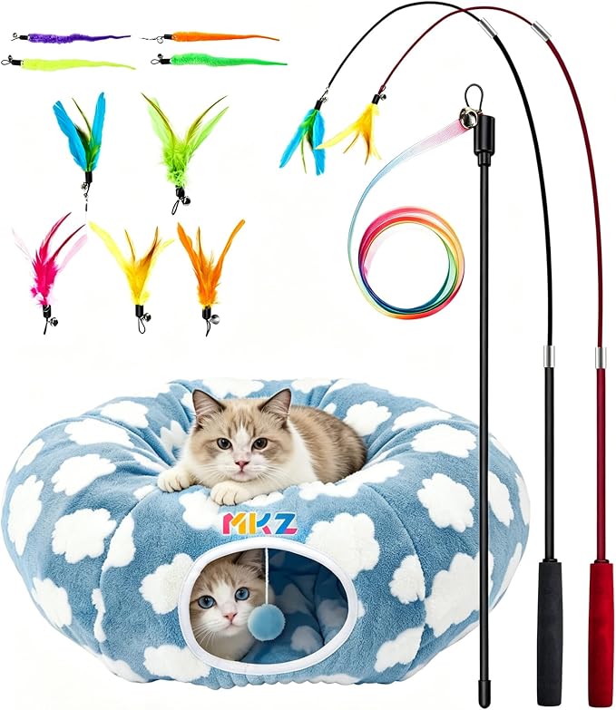 Cat Tunnel Bed with Toys – Large Collapsible Play Tube (Blue) | Soft Tube for Indoor Kittens & Adult Cats – Perfect for Hide & Seek, Pouncing, and Cozy Napping, Space-Saving & Foldable