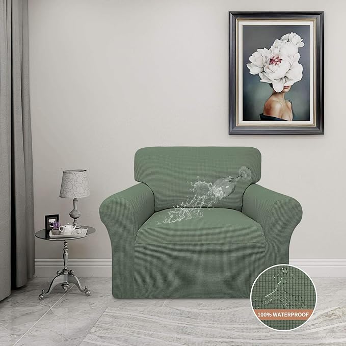 Easy-Going 100% Waterproof Chair Couch Cover, Stretch Jacquard Sofa Cover | Dual Waterproof Sofa Slipcover, Leakproof Furniture Protector for Kids, Pets, Dog and Cat (Loveseat, Grayish Green)
