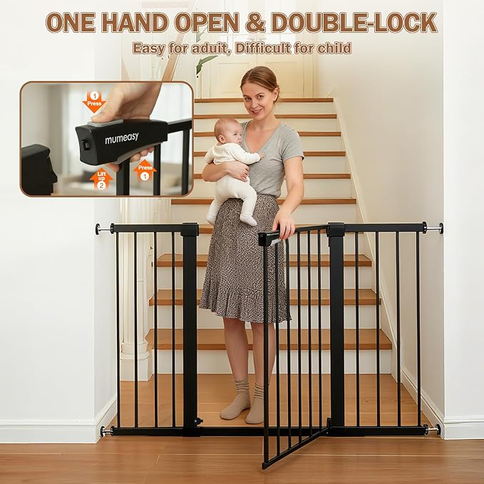 Mumeasy 29.7-51" Extra Wide Baby & Dog Safety Gate for Stairs & Doorways | Pressure/Hardware Mount Child & Pet Gate, Auto Close Easy Access Walk Thru Door for House, Hallway, Indoor & Outdoor, Black