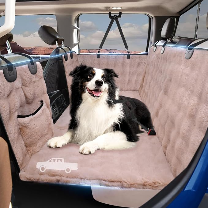 Btefd XL Hard Bottom Plush Furry Fuzzy Dog Seat Cover for Crew Cab Truck | Back Seat Pet Hammock for F150, RAM1500, Sierra, Tundra, Silverado, Titan, Soft Touch, 45% Extender Space, Waterproof