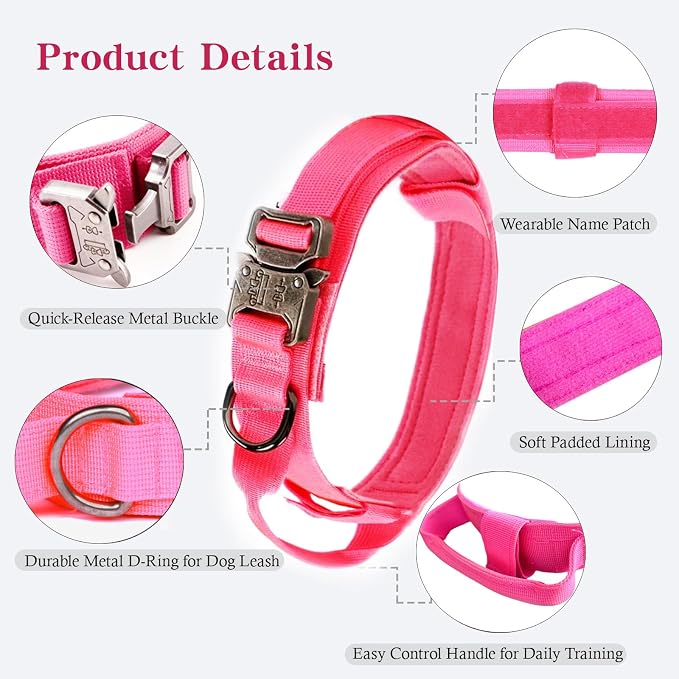 Tactical Dog Collar for Large Dogs with Control Handle,Pink,XXL | 1000D Heavy-Duty Nylon Fabric,Quick-Release Metal Buckle,Adjustable Fit,Soft-Padded Webbing,D-Ring,for Training & Hiking
