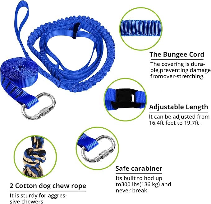 Dog Hanging Bungee Tug Toy: Interactive Tether Tug-of-War for Pitbull Small to Large Dogs to Exercise and Training Equipment - Outdoor Tree Tugger Dog Rope Toy with 2 Chew Rope Toys - Blue