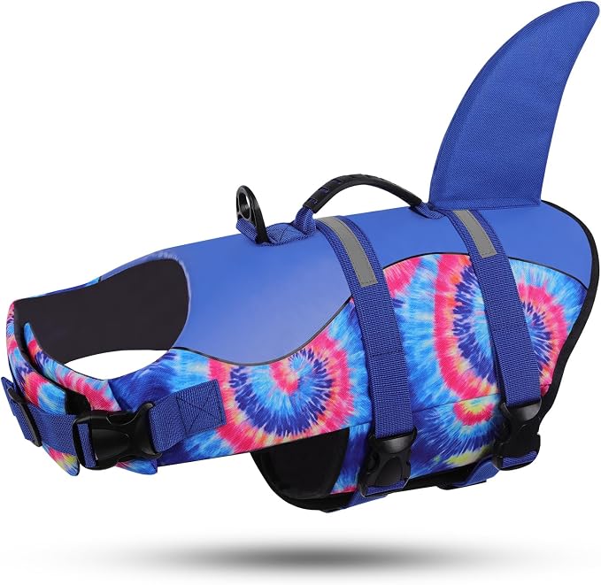 ASENKU Dog Life Jacket - Pet Safety Vest for Swimming & Boating, Shark Life Jacket with Floatation, Dog Lifesavers Swimsuits for Small Medium Large Dogs (Blue Bandhnu, L)