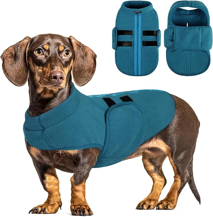 Queenmore XXS Dog Sweaters, Soft Fleece Vest Pullover Dog Jacket with Leash Hole, Warm Winter Dog Clothes Cold Weather Doggy Dachshund Sweater for Small Dogs Cats Boy or Girl (Peacock-Blue, XXS)