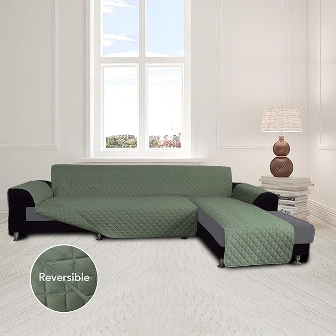 Easy-Going Reversible L-Shape Sectional Couch Cover, Large, Greyish Green | Soft Sofa Slipcover For Dogs, Fits Left/Right Chaise Lounge Protector, Water Resistant Mat For Living Room