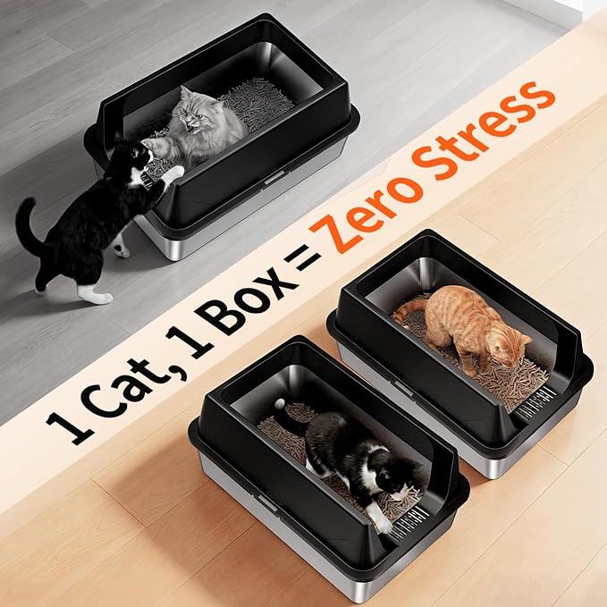 2 Pack XL Stainless Steel Litter Box with High Sides, Metal Litter Box | Extra Large Tall Wall Open Top Deep Metal Pan, Anti-Leak Non-Stick Odor Control, 2 Scoops Included