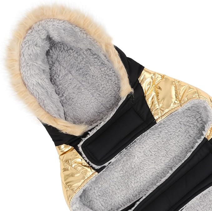 HDE Dog Puffer Jacket Fleece Lined Warm Dog Parka Winter Coat with Harness Hole 90s Black and Gold Metallic - XL