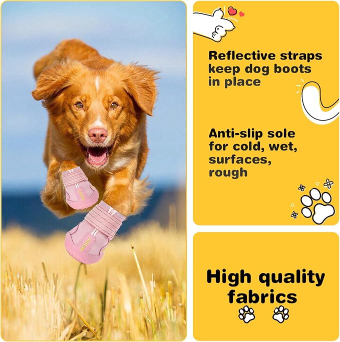 Hcpet Dog Boots, Dog Shoes for Large Dogs, Medium Dog Boots & Paw Protectors, Anti-Slip Dog Booties for Hot Pavement Winter Snow Hiking with Reflective Straps Pink Size 8